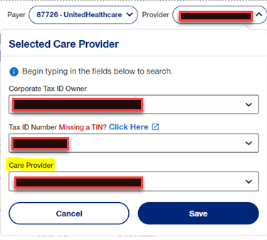 Screen capture of Care Provider Field for outpatient specialty claims.