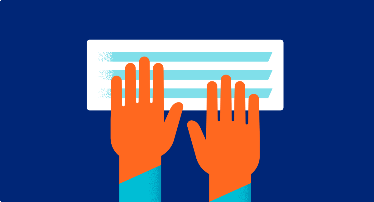 Orange hands with blue sleeves type on a white keyboard with light blue lines, set against a dark blue background.